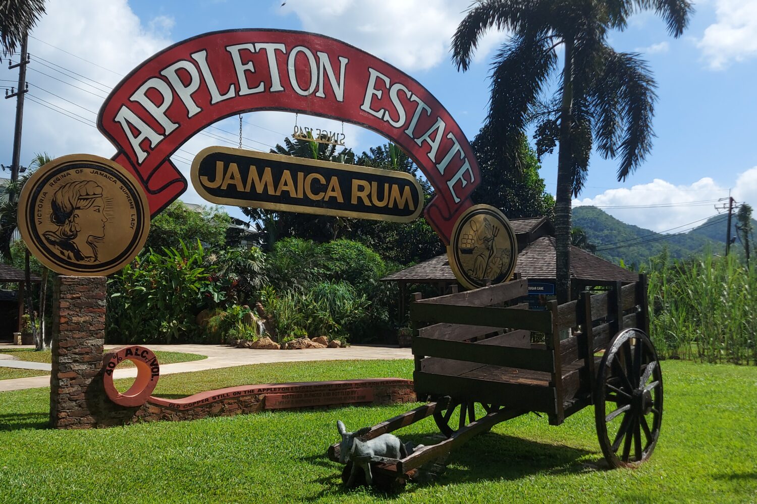 The Appleton Estate logo picture stand is displayed on a green lawn, with an old wooden cart set beside it as part of the outdoor exhibit.