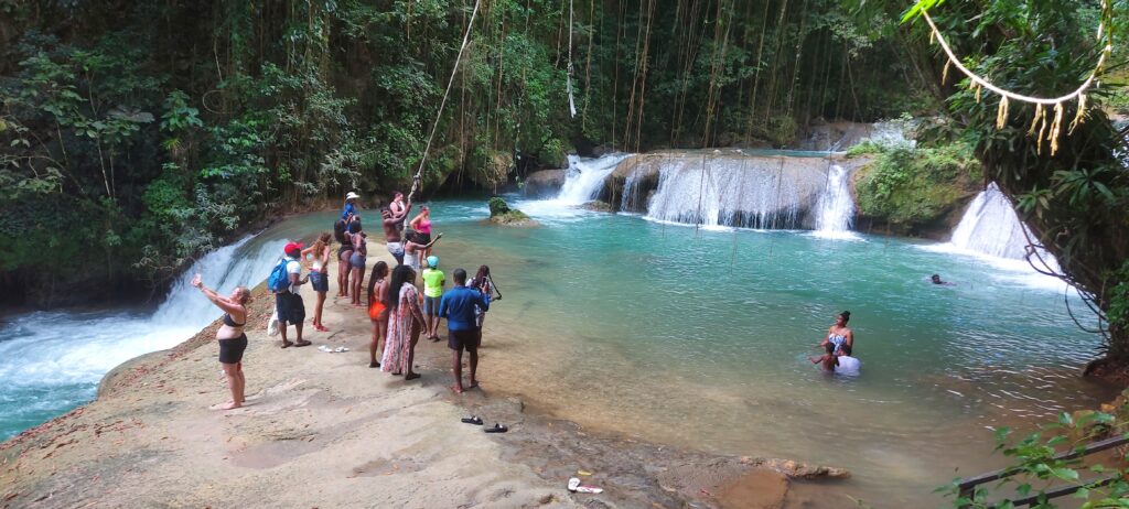 Visitors enjoying YS Falls, with some swimming in the natural pools, others swinging on the rope swing, and several people standing nearby taking photos and watching the cascading waterfall.