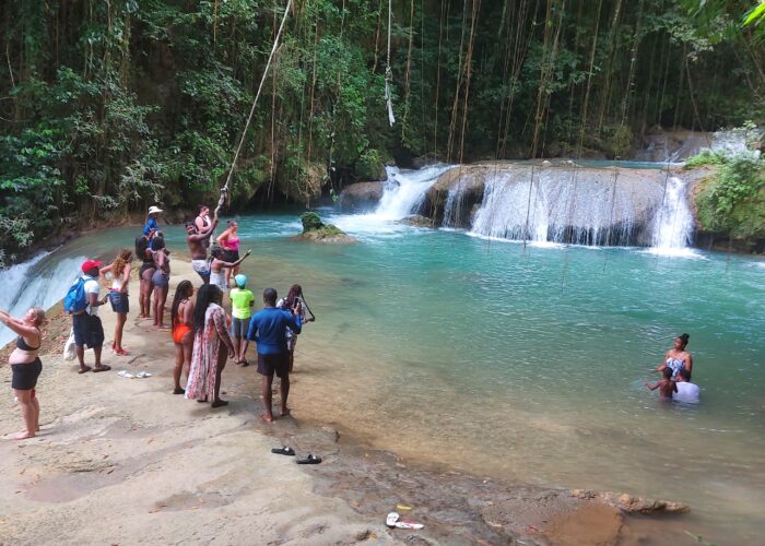 Visitors enjoying YS Falls, with some swimming in the natural pools, others swinging on the rope swing, and several people standing nearby taking photos and watching the cascading waterfall.