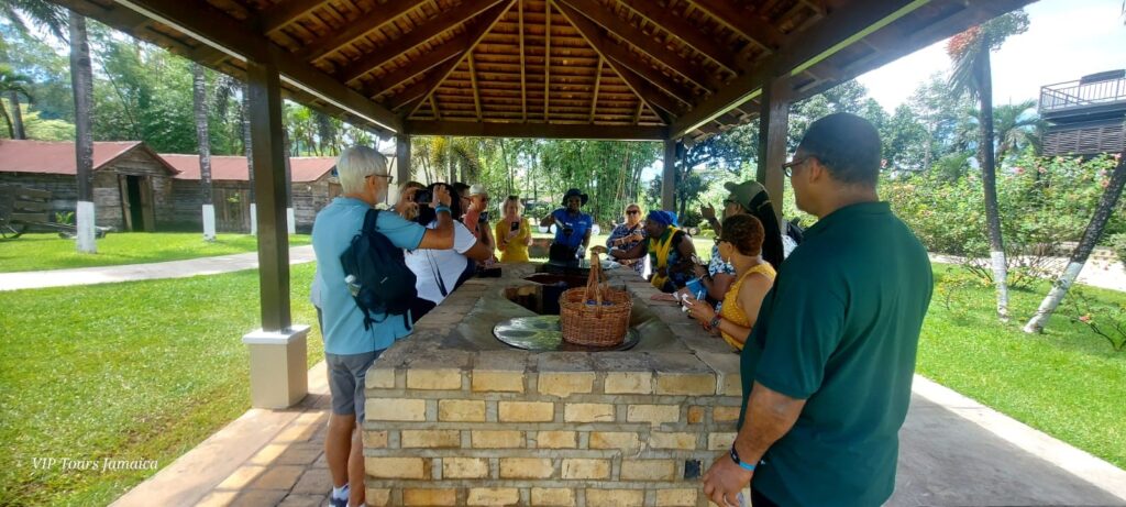 Visitors gathered around inside the molasses station at Appleton Estate, listening to a tour guide explain the history of molasses making while receiving samples to taste.