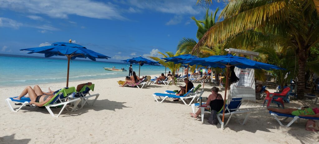 Beautiful Beach with white sand. People laying and sitting on beach chairs under umbrellas and coconut tree